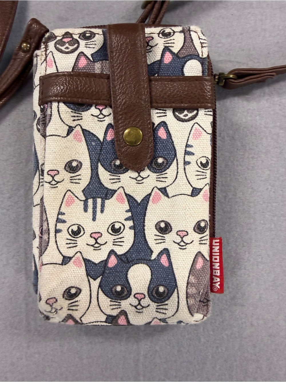 Cat Print Crossbody Phone Wallet Bag or Wristlet Brown Trim